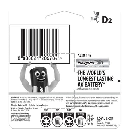 2 Pack Energizer Alkaline Power D Batteries