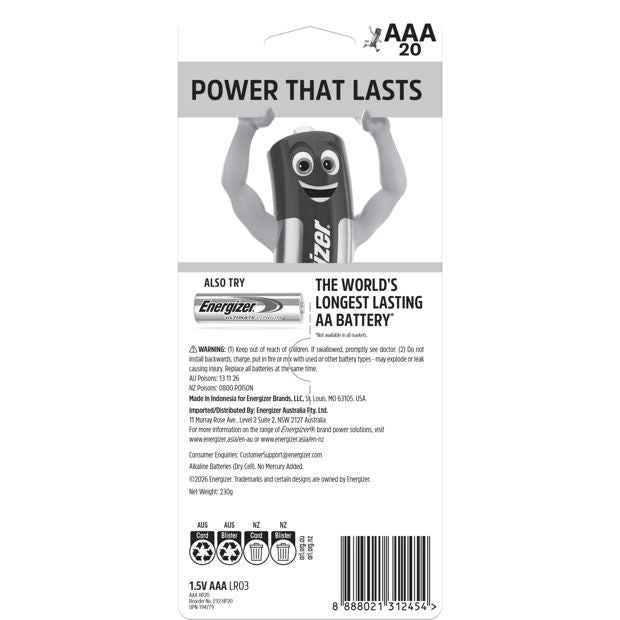 20 Pack Energizer AAA Alkaline Power Batteries Value Pack