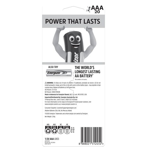 20 Pack Energizer AAA Alkaline Power Batteries Value Pack