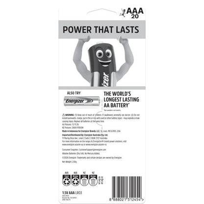 20 Pack Energizer AAA Alkaline Power Batteries Value Pack