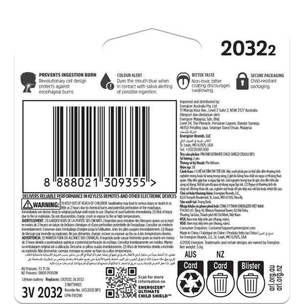 2 Pack Energizer Ultimate Child Shield 2032 Lithium Batteries