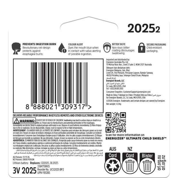 2 Pack Energizer Ultimate Child Shield 2025 Lithium Batteries