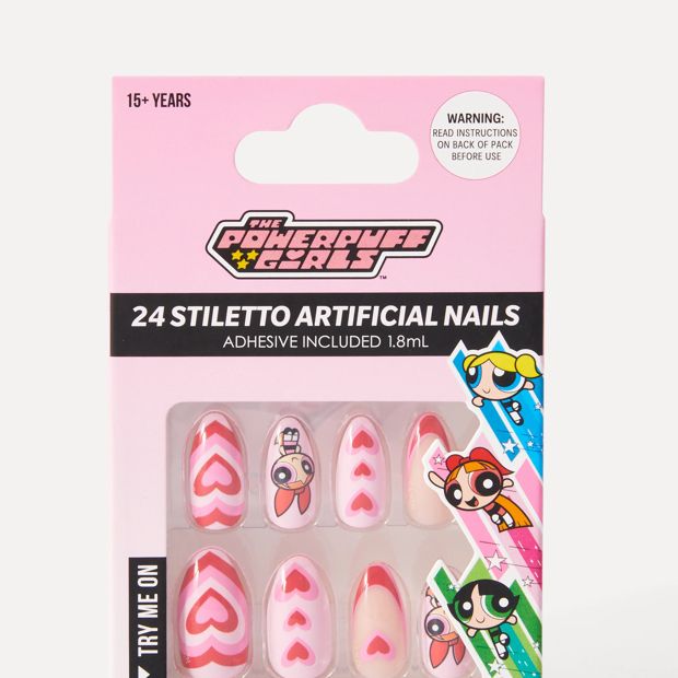 The Powerpuff Girls 24 Pack Artificial Nails with Adhesive - Stiletto Shape, Blossom