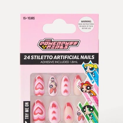 The Powerpuff Girls 24 Pack Artificial Nails with Adhesive - Stiletto Shape, Blossom