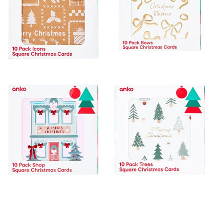 Anko 10 Pack Square Christmas Cards - Assorted