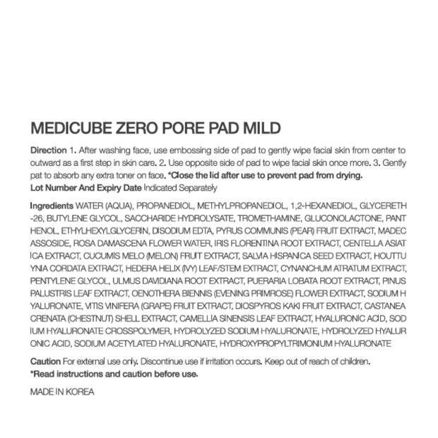 Medicube 70 Piece Zero PoreÂ Pad Mild 155g -Â PHA,Â Hyaluronic Acid,Â Madecassoside and Panthenol