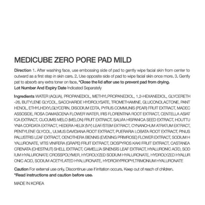 Medicube 70 Piece Zero PoreÂ Pad Mild 155g -Â PHA,Â Hyaluronic Acid,Â Madecassoside and Panthenol