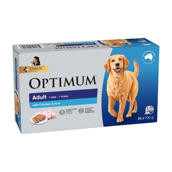 OPTIMUM ADULT WET DOG FOOD WITH CHICKEN & RICE 24X100G TRAYS