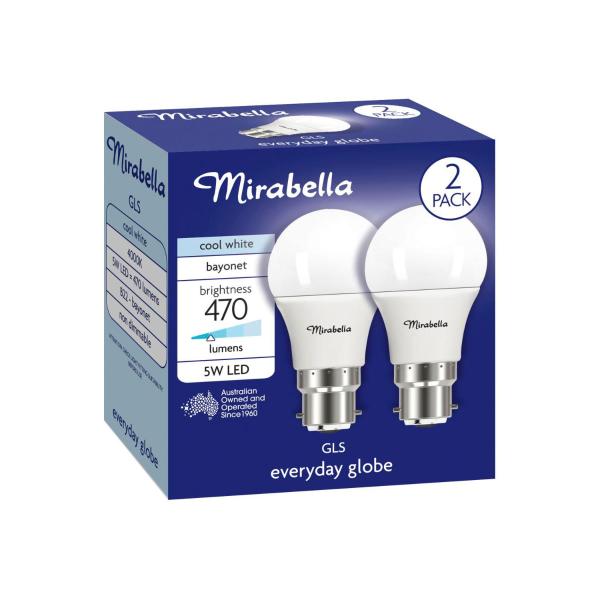 MIRABELLA LED 2PK GLS BC 5W 470LUM 4000K COOL WHITE