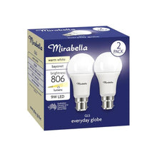 MIRABELLA LED 2PK GLS BC 9W 806LUM 2700K WARM WHITE