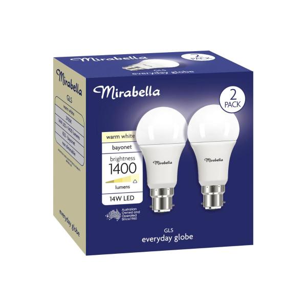MIRABELLA LED 2PK GLS BC 14W 1500LUM 2700K WARM WHITE