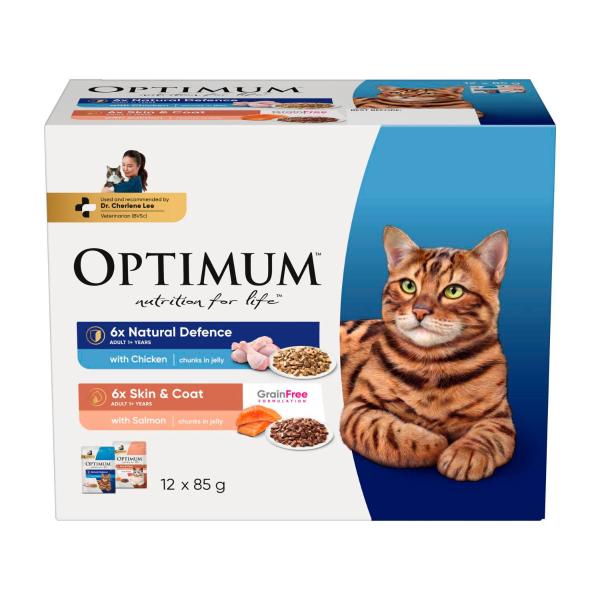 OPTIMUM ADULT WET CAT FOOD NATURAL DEFENCES WITH CHICKEN & SKIN & COAT WITH SALMON 12X85G