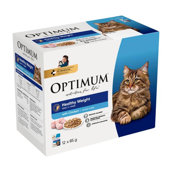 OPTIMUM 1 + WEIGHT CONTROL WET CAT FOOD WITH CHICKEN CHUNKS IN JELLY 12X85G POUCHES