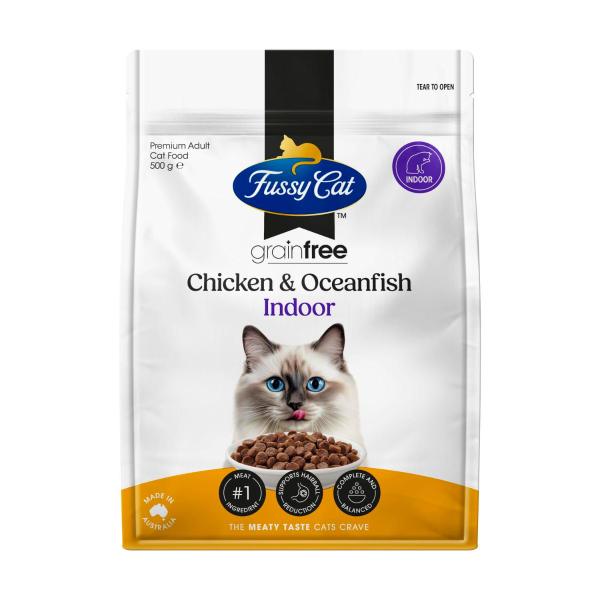 FUSSY CAT GRAIN FREE ADULT DRY CAT FOOD INDOOR CHICKEN & OCEANFISH 500 GRAM