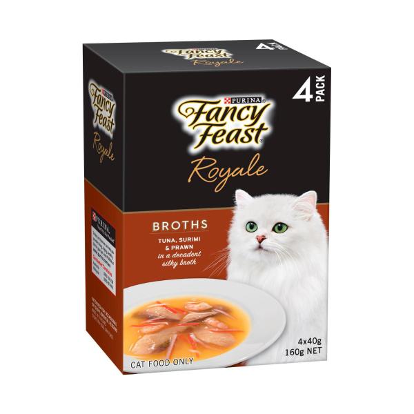 FANCY FEAST ADULT ROYALE BROTHS TUNA SURIMI & PRAWN CAT FOOD 4X40GRAM