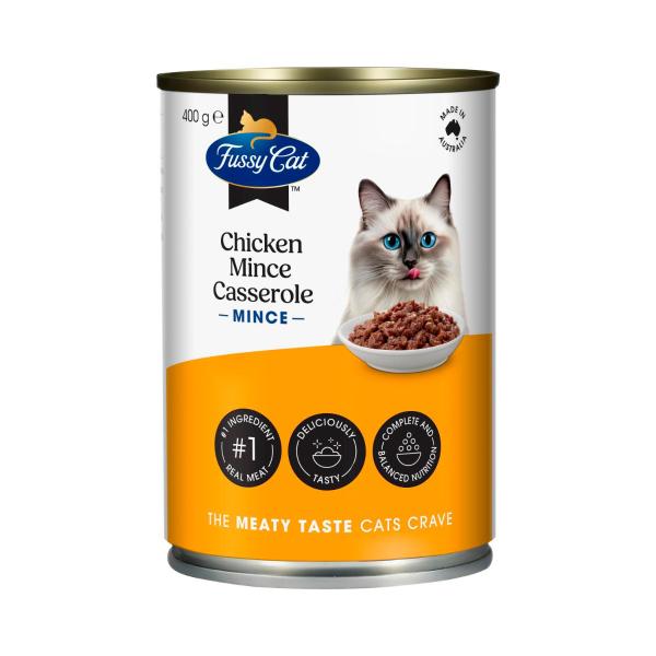 FUSSY CAT GRAIN FREE ADULT WET CAT FOOD FINE CHICKEN MINCE CASSEROLE 400 GRAM