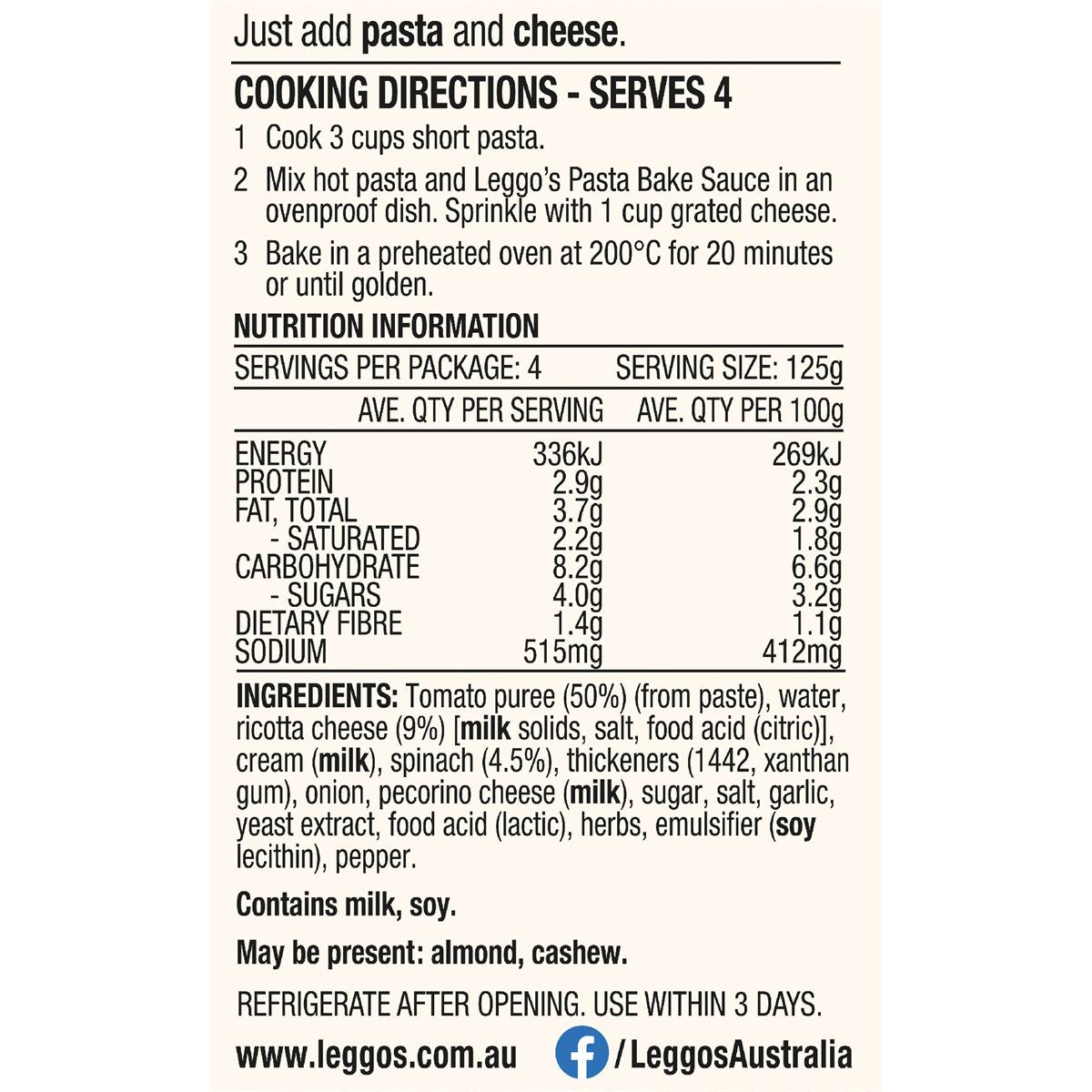 Leggo's Tomato Ricotta & Spinach Pasta Bake Sauce 500g