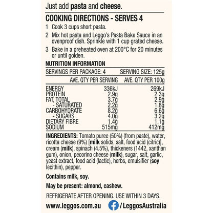 Leggo's Tomato Ricotta & Spinach Pasta Bake Sauce 500g