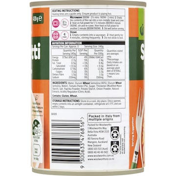 Woolworths Spaghetti In Tomato Sauce 420g
