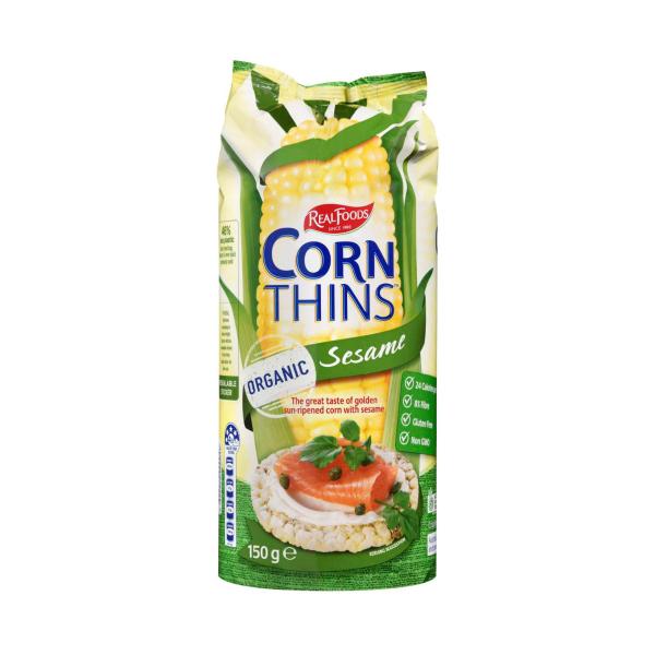 REAL FOODS CORN THINS.:SESAME:.:150GRAM
