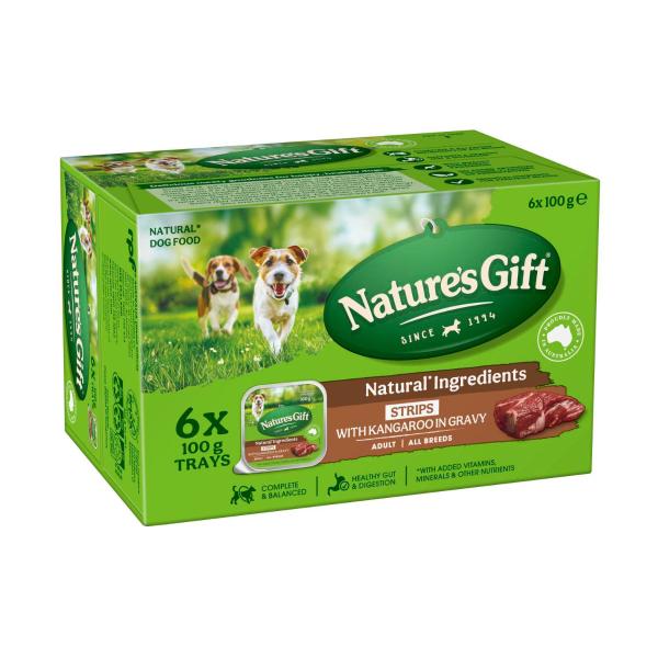 NATURE'S GIFT STRIPS KANGAROO WET DOG FOOD 6X100G