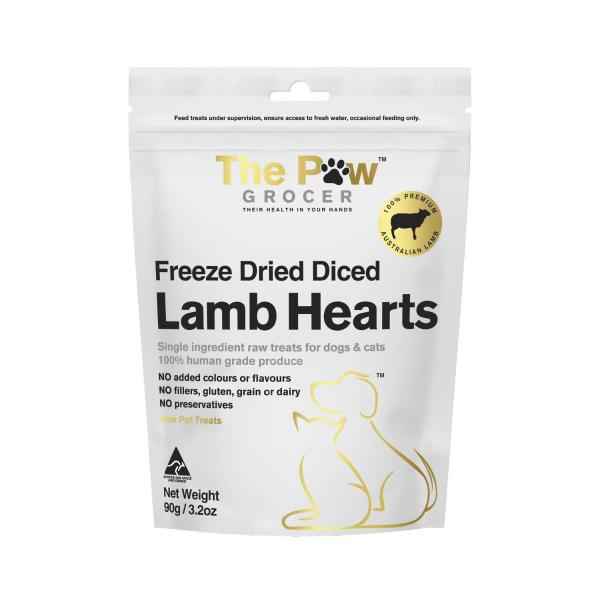 THE PAW GROCER FREEZE DRIED DICED LAMB HEARTS DOG TREATS 90 GRAM
