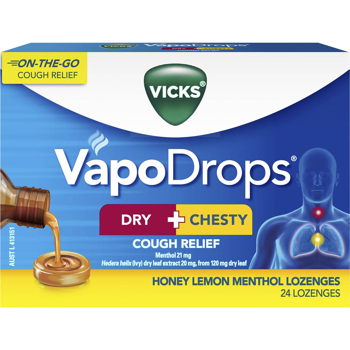 Vicks Dry + Chesty Honey Lemon Menthol Lozenges 24 pack