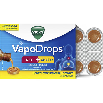 Vicks Dry + Chesty Honey Lemon Menthol Lozenges 24 pack