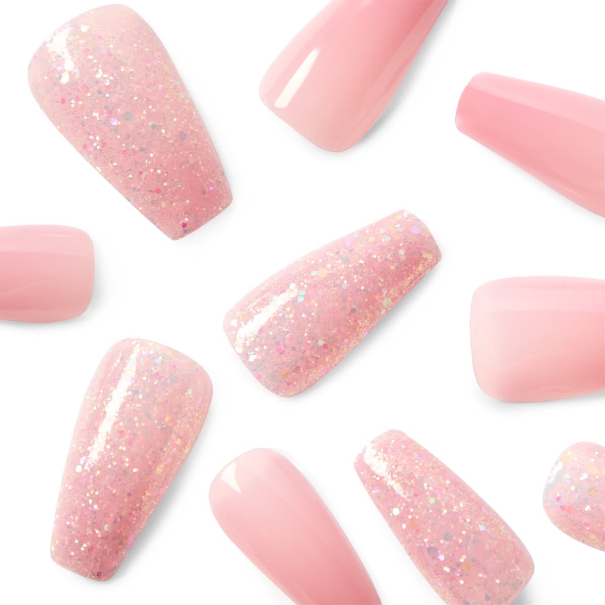 OXX Cosmetics 24 Pack Artificial Nails with Adhesive - Squareletto Shape, Pink Glitter