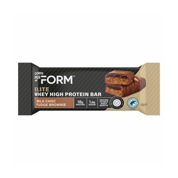 COLES PERFORM ELITE WHEY HIGH PROTEIN BAR MILK CHOC FUDGE BROWNIE 60G