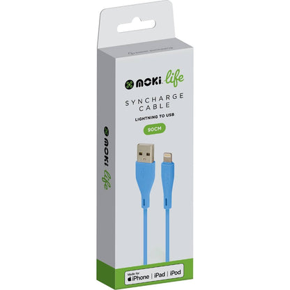 Moki Life 90cm Syncharge Cable Lightning to USB Blue each