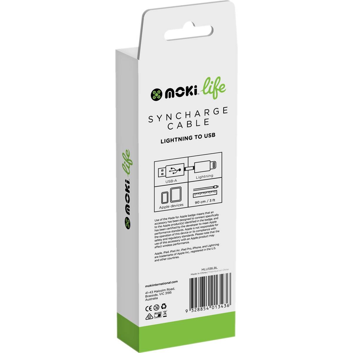 Moki Life 90cm Syncharge Cable Lightning to USB Blue each