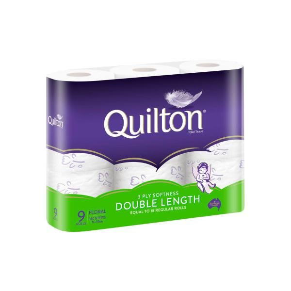 QUILTON 3 PLY DBLE LENGTH TOILET ROLLS FLORAL SOFT 9 PK:FLORAL SOFT:.:3240 SHEET