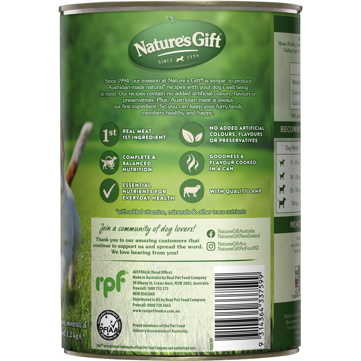 Nature's Gift Adult Wet Dog Food Tin Loaf With Lamb & Pasta 1.2kg