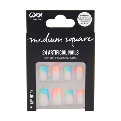 OXX Cosmetics 24 Pack Artificial Nails with Adhesive - Medium Square Shape, Neon Emboss