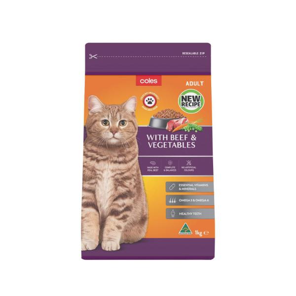COLES ADULT DRY CAT FOOD WITH BEEF & VEGETABLES 1 KG