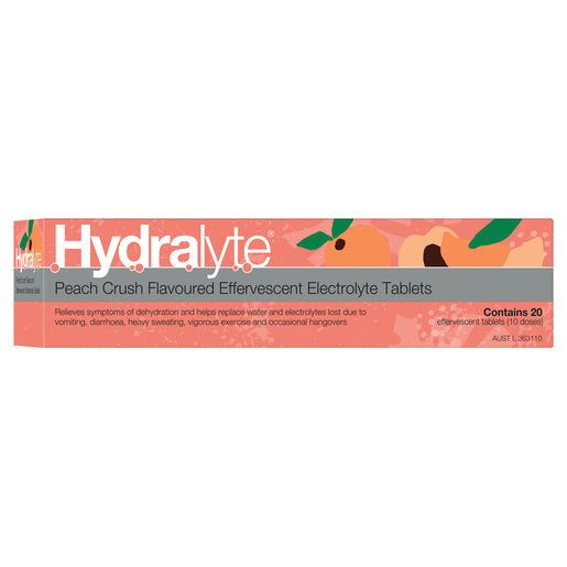 Hydralyte Peach Crush Flavoured Electrolyte 20 Effervescent Tablets