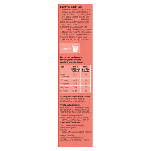 Hydralyte Peach Crush Flavoured Electrolyte 20 Effervescent Tablets