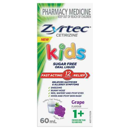 Zyrtec Cetirizine Kids Sugar Free Oral Liquid Grape Flavour 60mL