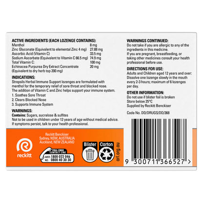 Strepsils Herbal Immune Support Honey Lemon 16 Lozenges