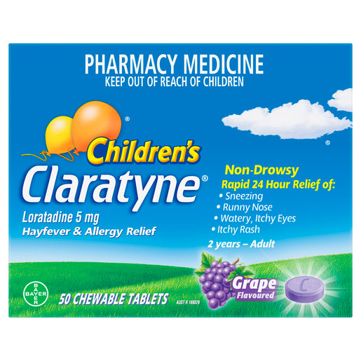 Claratyne Children's Hayfever & Allergy Relief Grape Flavoured 50 Chewable Tablets - GimmeNow