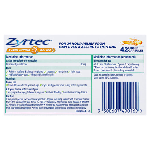 Zyrtec Cetrizine Rapid Acting 24 Hour Relief 42 Capsules