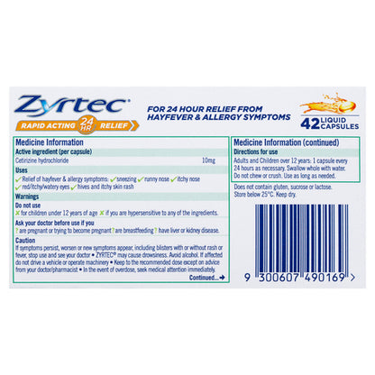 Zyrtec Cetrizine Rapid Acting 24 Hour Relief 42 Capsules