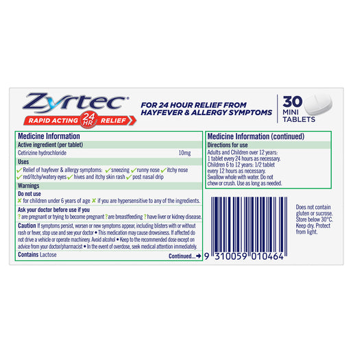 Zyrtec Cetrizine Rapid Acting 24 Hour Relief 30 Tablets