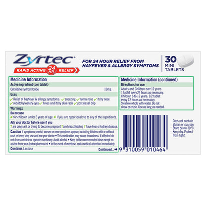 Zyrtec Cetrizine Rapid Acting 24 Hour Relief 30 Tablets
