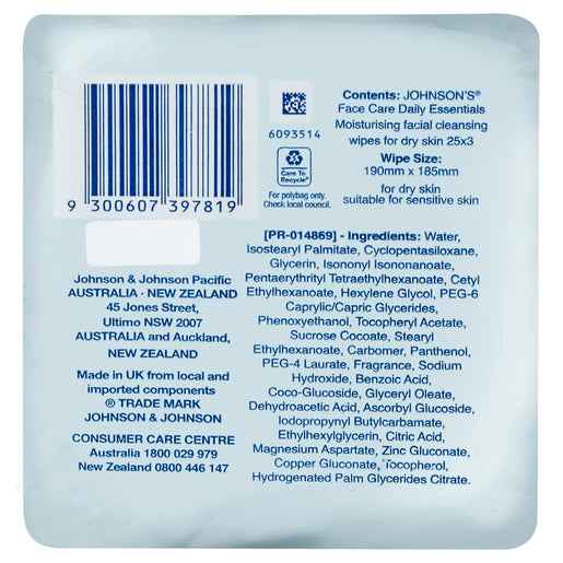 Johnson's Face Care Daily Essentials Moisturising Facial Cleansing Wipes For Dry Skin 3x25 Wipes