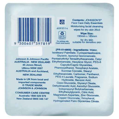 Johnson's Face Care Daily Essentials Moisturising Facial Cleansing Wipes For Dry Skin 3x25 Wipes