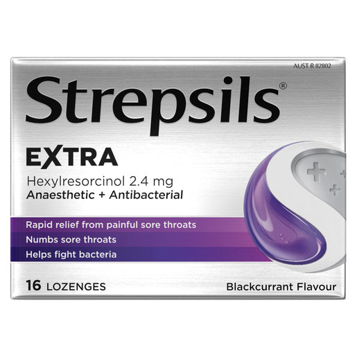 Strepsils EXTRA Rapid Sore Throat Relief Blackcurrant Flavour 16 Lozenges - GimmeNow