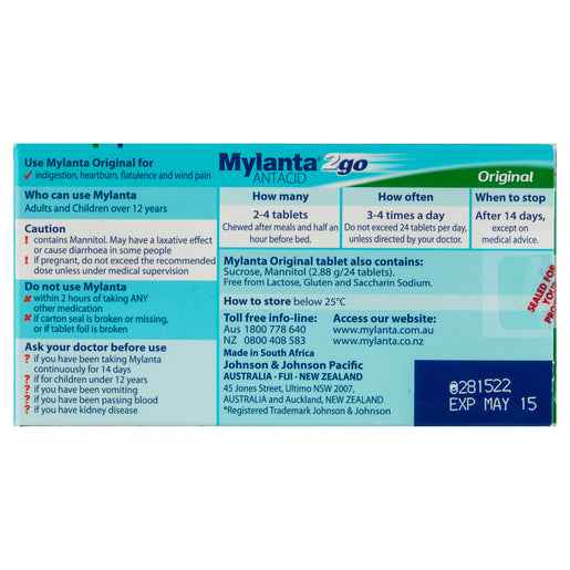 Mylanta 2Go Antacid Original Lemon Mint Flavour 48 Tablets