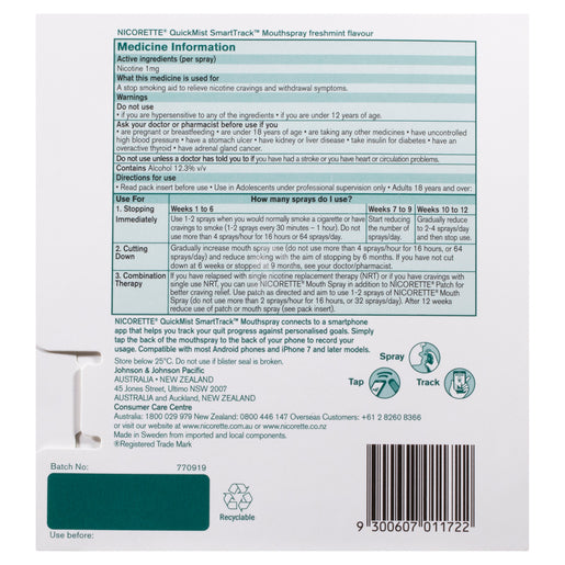 NICORETTE® QuickMist SmartTrack Nicotine 1mg Mouth Spray Freshmint 2 x 150 Sprays - GimmeNow